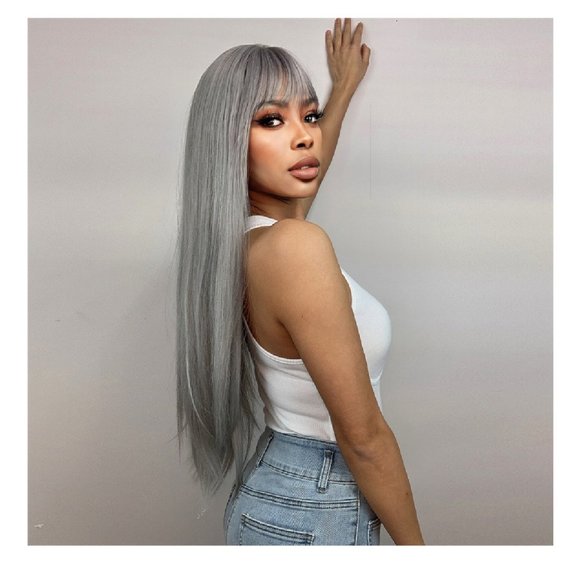 Long Straight Hair Wig with Bangs Ash Gray Wig - Hip Length - Picture 3 of 4